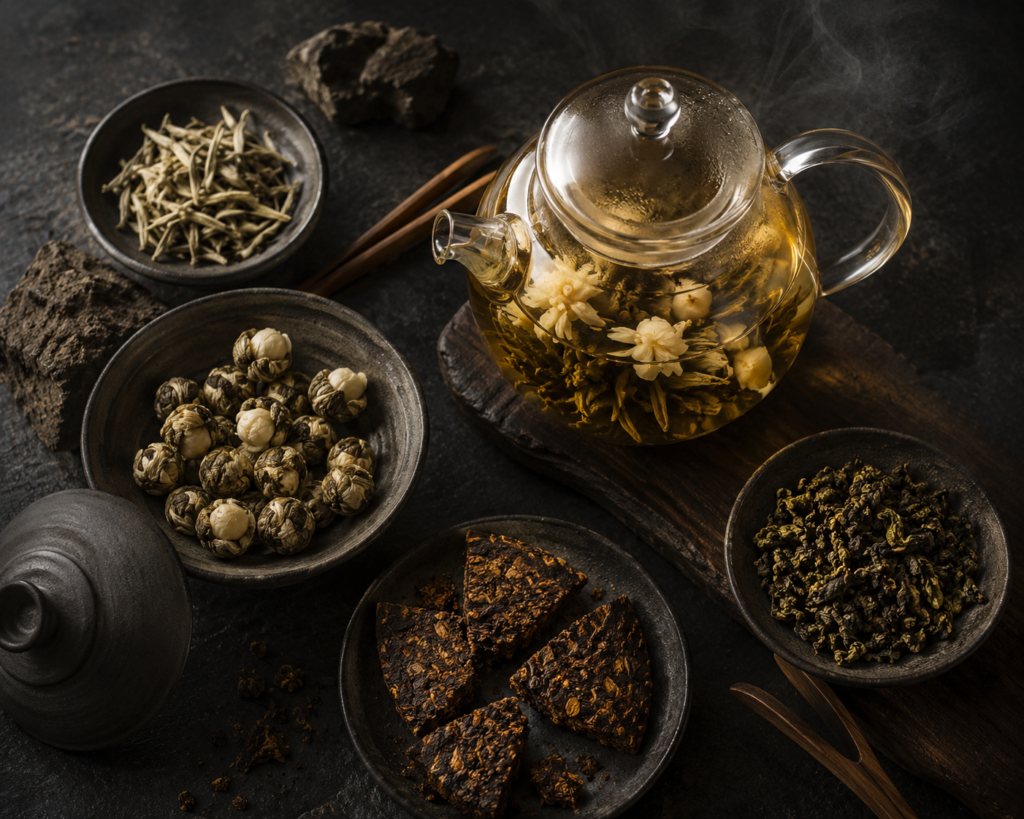 Jasmine Pearls, Golden Pu-erh, beyaz çay ve oolong yaprakları — Chado'nun tek kökenli artizan çay koleksiyonu