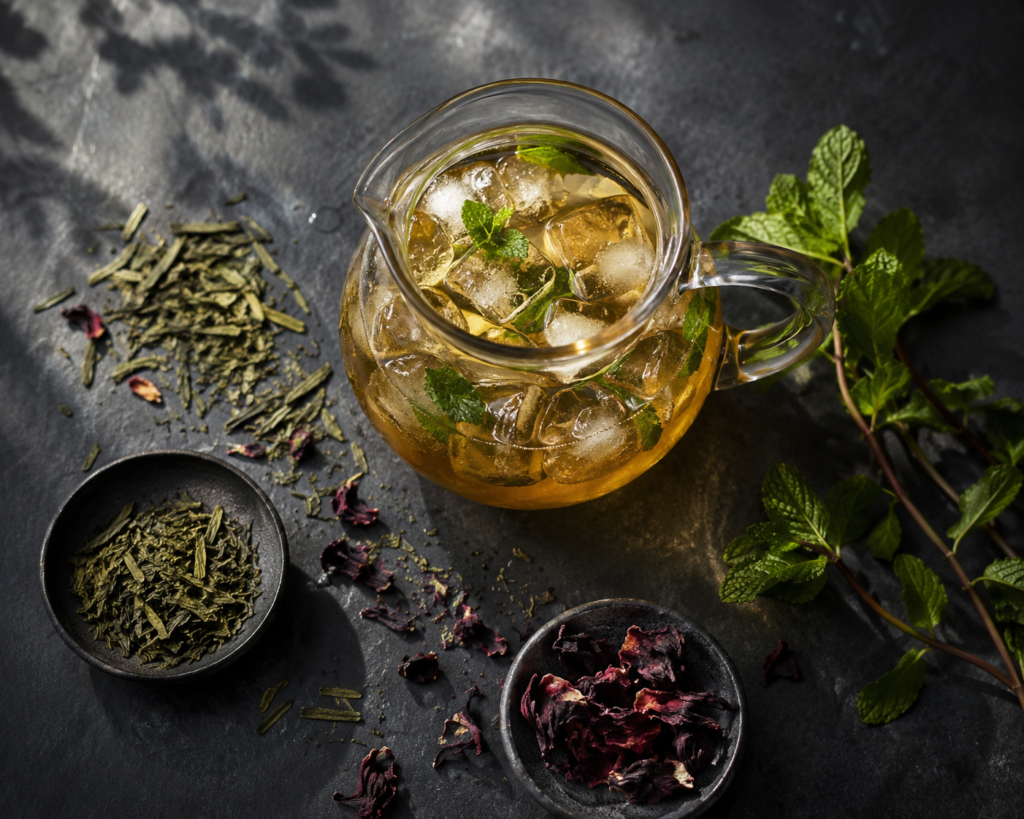 Soğuk demlenmiş yeşil çay, kuru hibiskus çiçekleri ve taze nane — yaz için cold brew demleme rehberi