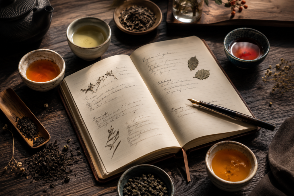 Çay tadım notu defteri, farklı çay türlerinin likörü ve loose leaf yapraklar — damak tadı keşfi için tadım notları rehberi